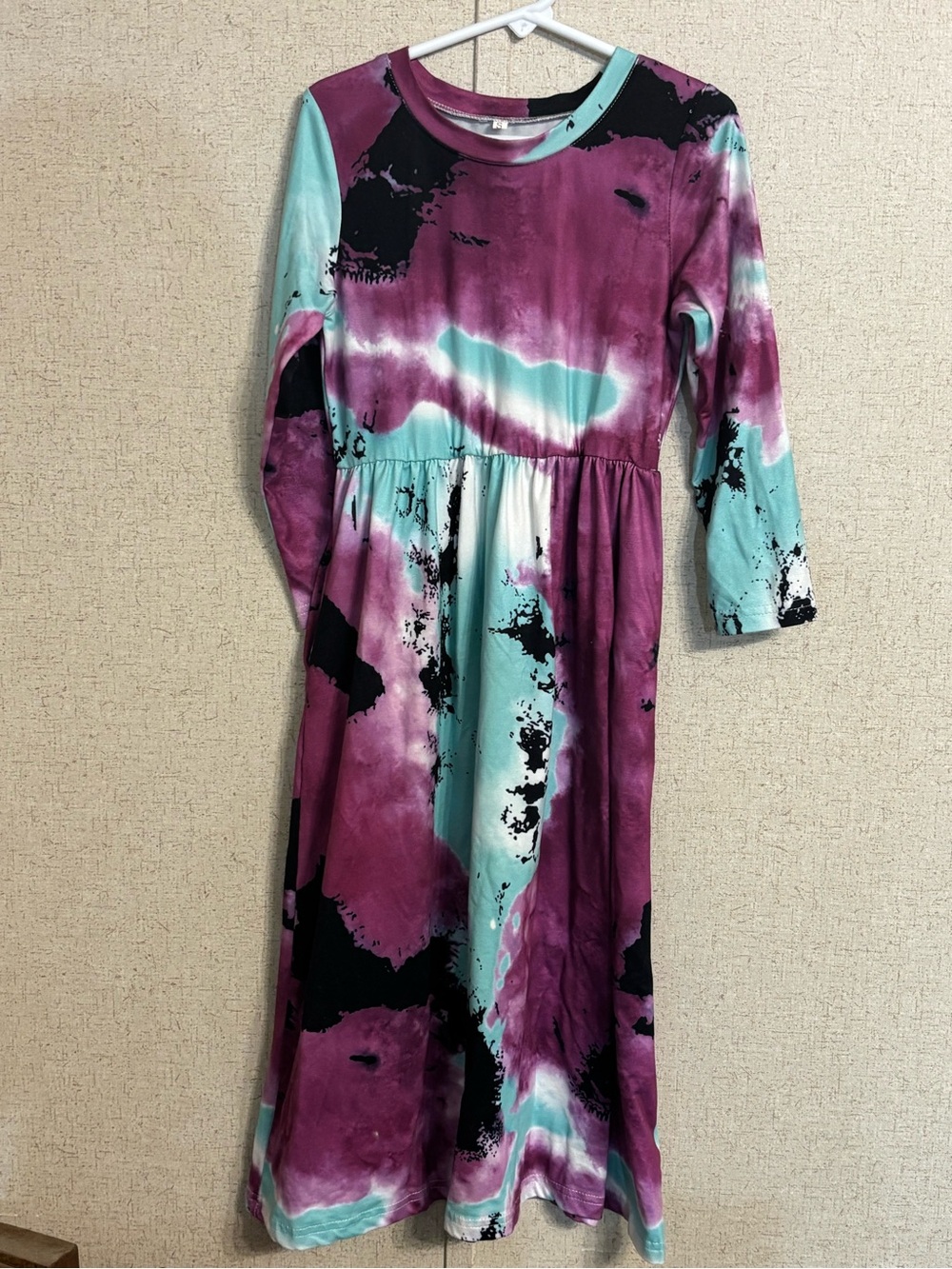 Girls' Tie-Dye Long Sleeve maxi Dress in Purple & Aqua 8/10
